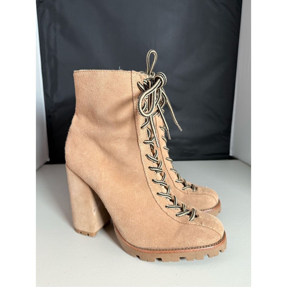 Schutz Lace Up Naina Cow Suede Chunky Heel Lace Up Hiking Boots Womens 10‎ Tan